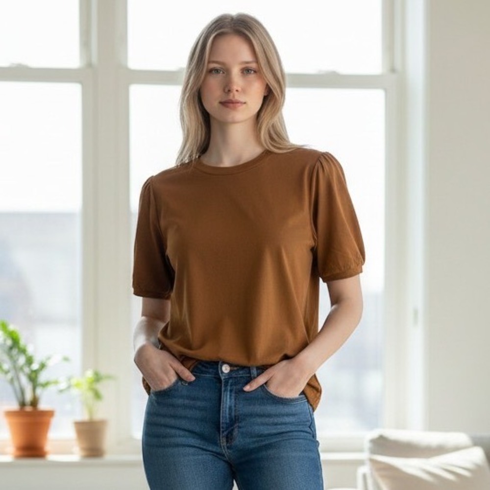 Madewell Puff Sleeve Cotton Knit Top Heavy Mustard Crew Neck Short Sleeve Size M